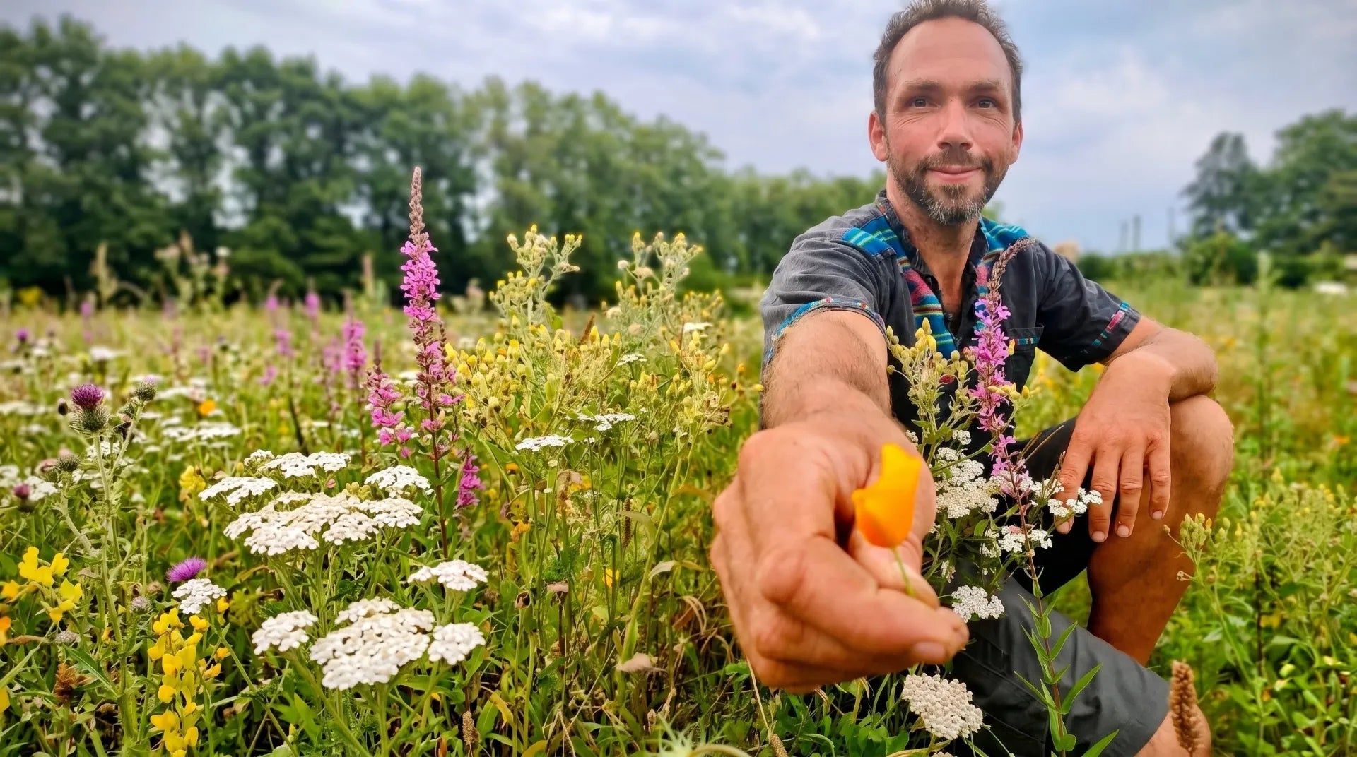romain des grottes dans son champ de fleurs